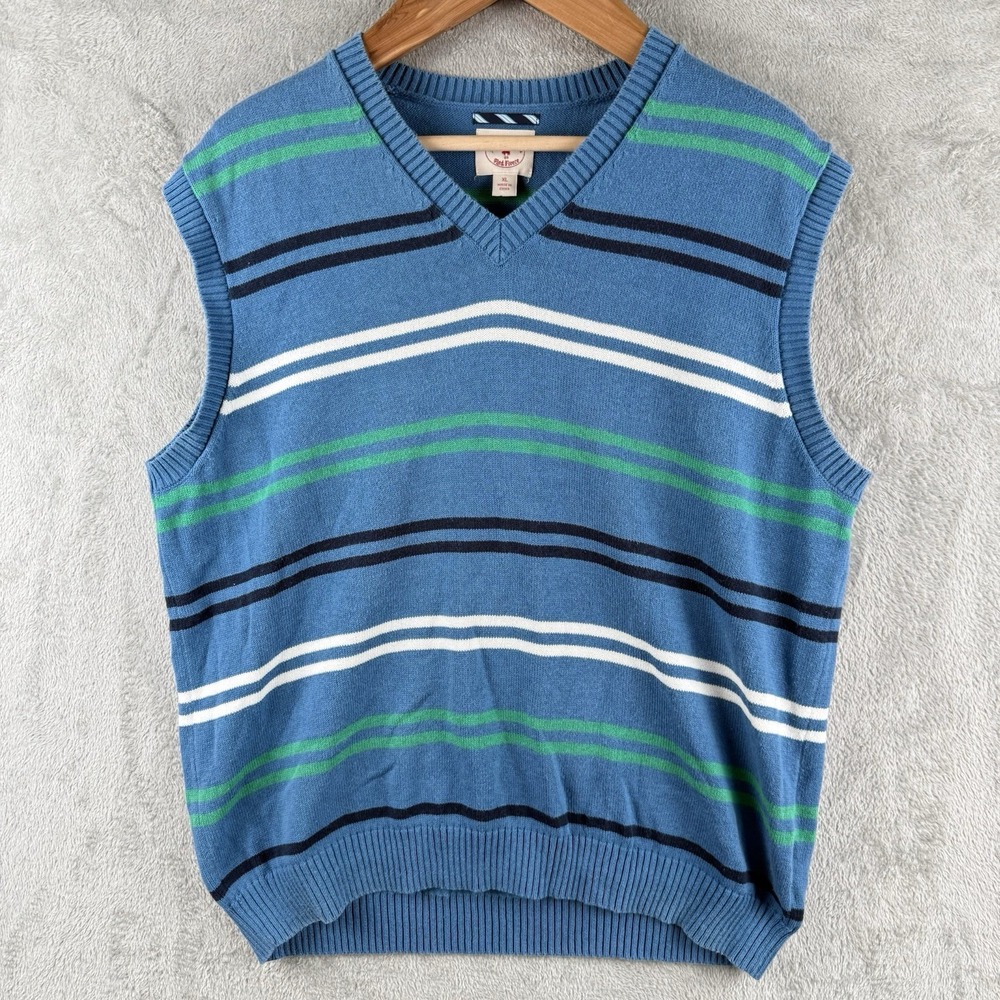 Brooks Brothers Red Fleece Sweater Vest Mens XL Blue Green Stripe Preppy‎ Golf